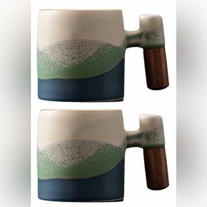 Green and Blue Ceramic Mug with Wooden Handle 2-Oz Ceramic Espresso Cups